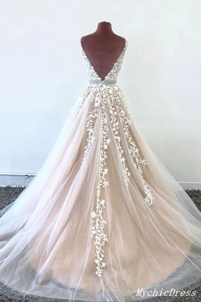 2025 Vestido de fiesta de encaje de tul de línea A Vestido de noche color champán Cinturón de cuentas - Imagen 2