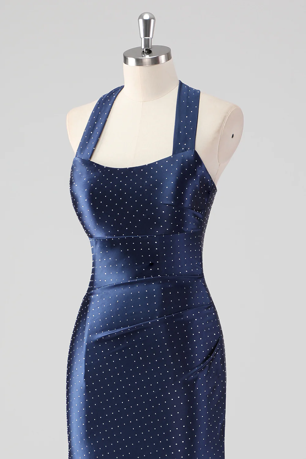 Vestido formal largo con volantes de sirena con cuentas halter azul marino - Imagen 7