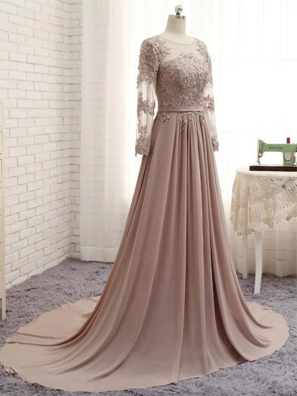 Una línea de manga larga vestidos de fiesta de encaje vestido de noche de gasa