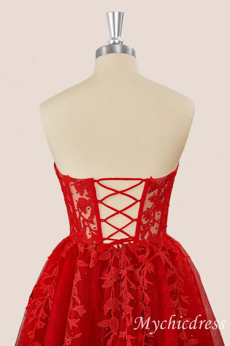 Una línea de vestidos de fiesta rojos Apliques de encaje Vestido corto de dama - Imagen 2