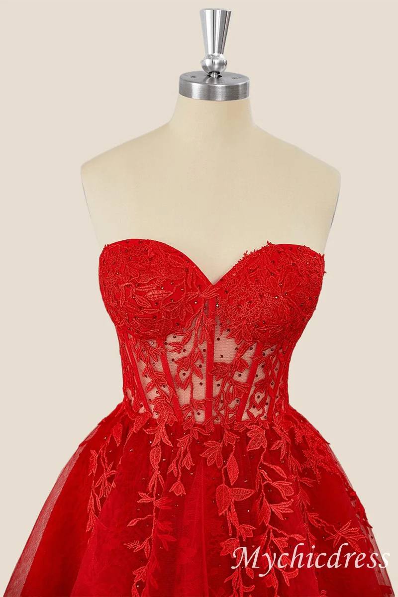 Una línea de vestidos de fiesta rojos Apliques de encaje Vestido corto de dama - Imagen 3