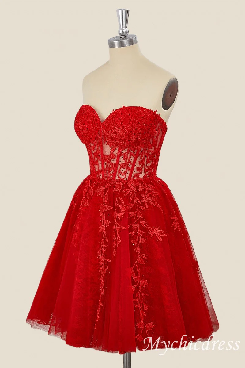 Una línea de vestidos de fiesta rojos Apliques de encaje Vestido corto de dama - Imagen 4