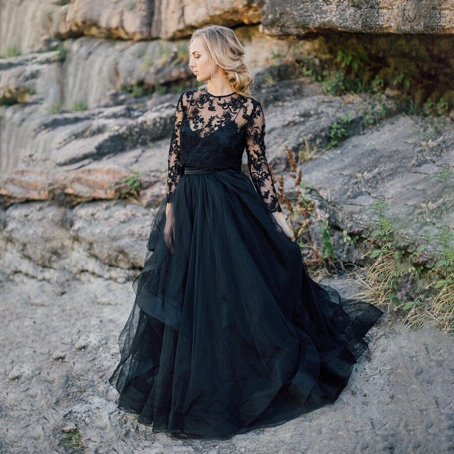 Vestidos de novia góticos de tul de encaje negro de talla grande con mangas