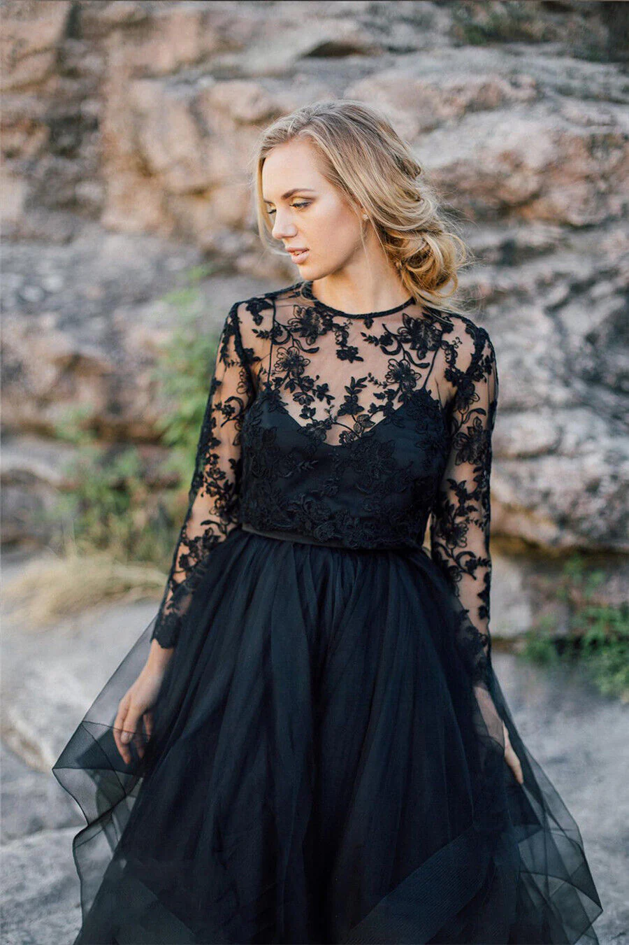 Vestidos de novia góticos de tul de encaje negro de talla grande con mangas - Imagen 2