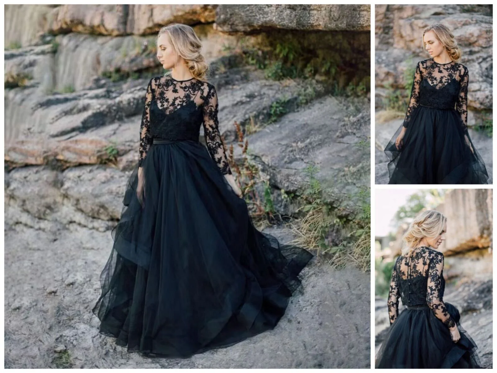 Vestidos de novia góticos de tul de encaje negro de talla grande con mangas - Imagen 4