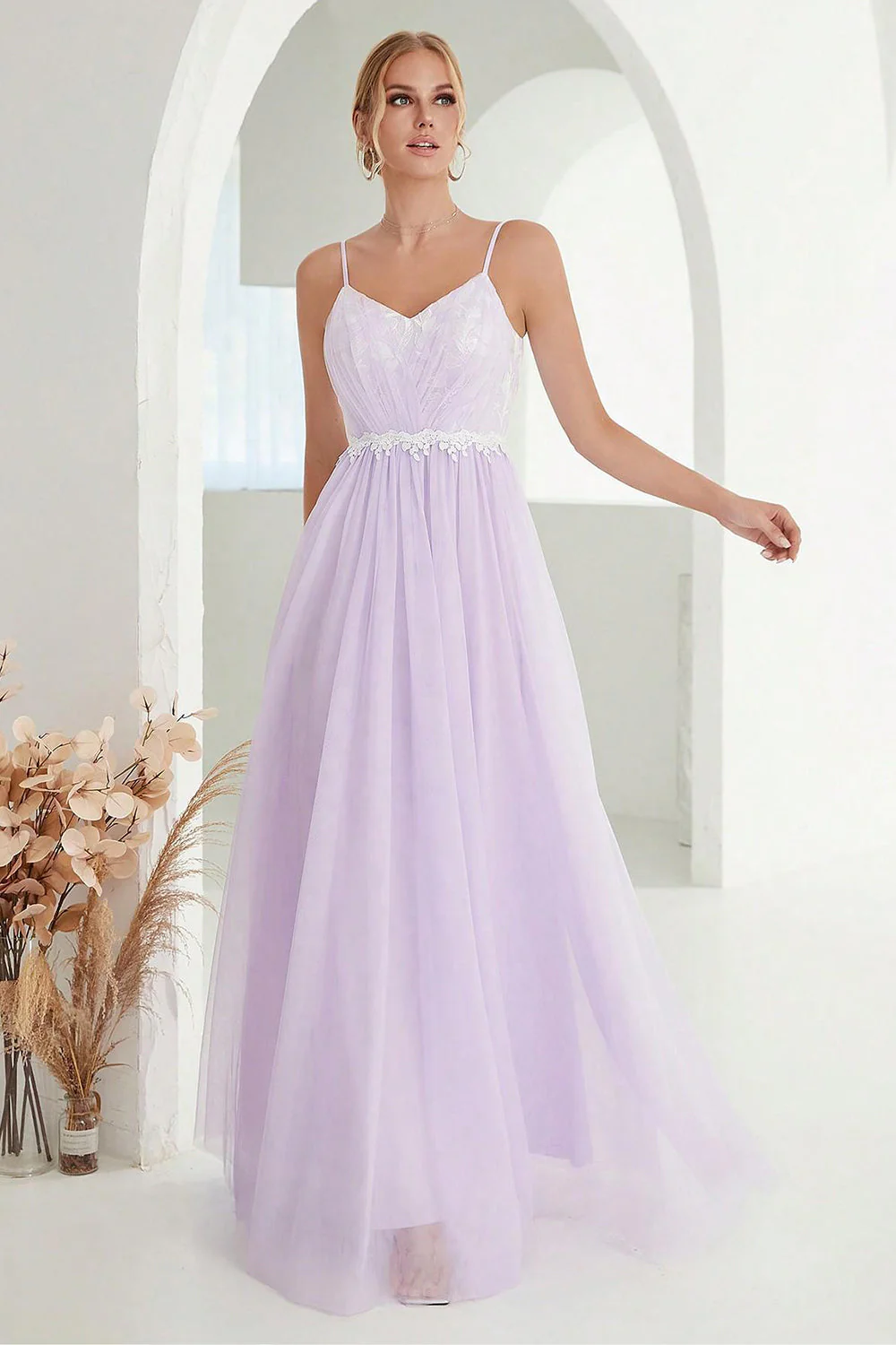Vestido de fiesta largo de tul con tirantes finos de línea A de rubor - Imagen 9