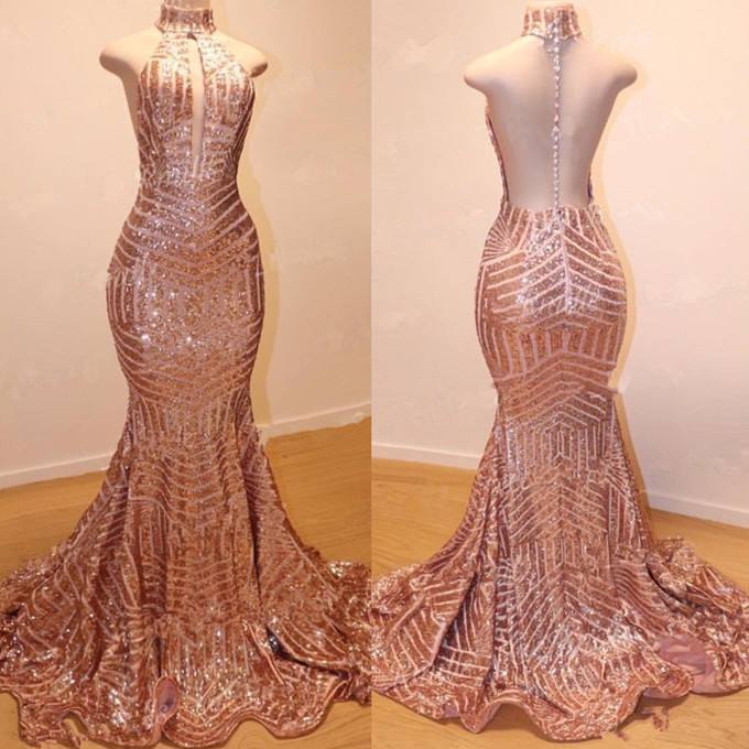 Preciosos vestidos de fiesta con lentejuelas doradas y champán de sirena larga con cuello Halter - Imagen 2