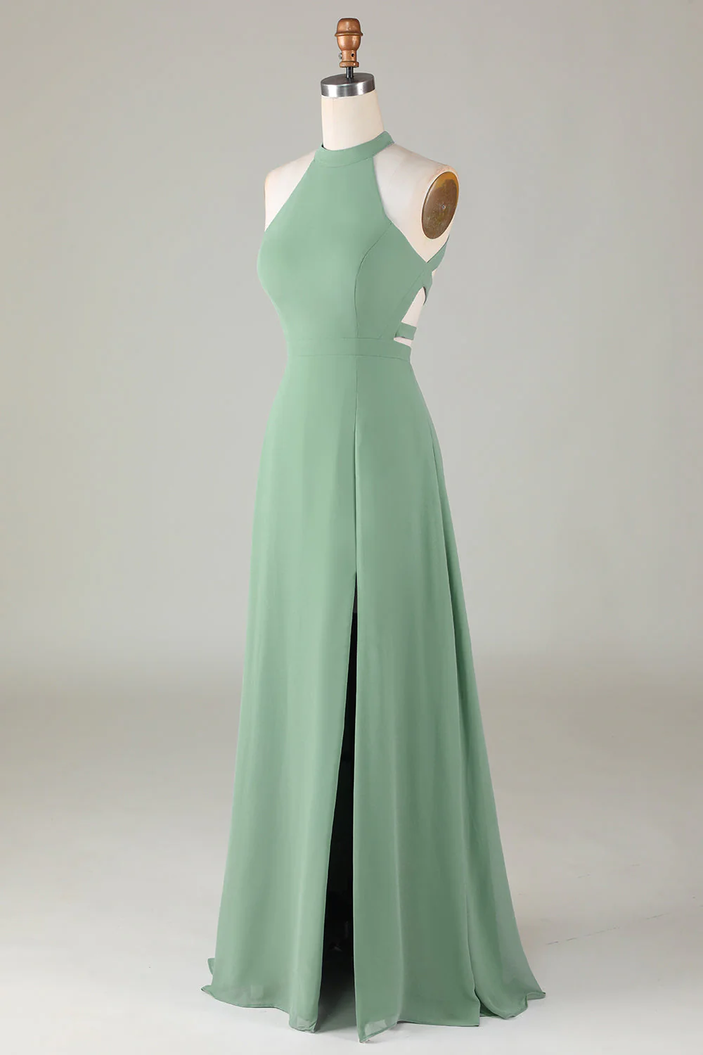 A-Line Halter Open Back Matcha Vestido de dama de honor con frente dividido - Imagen 3