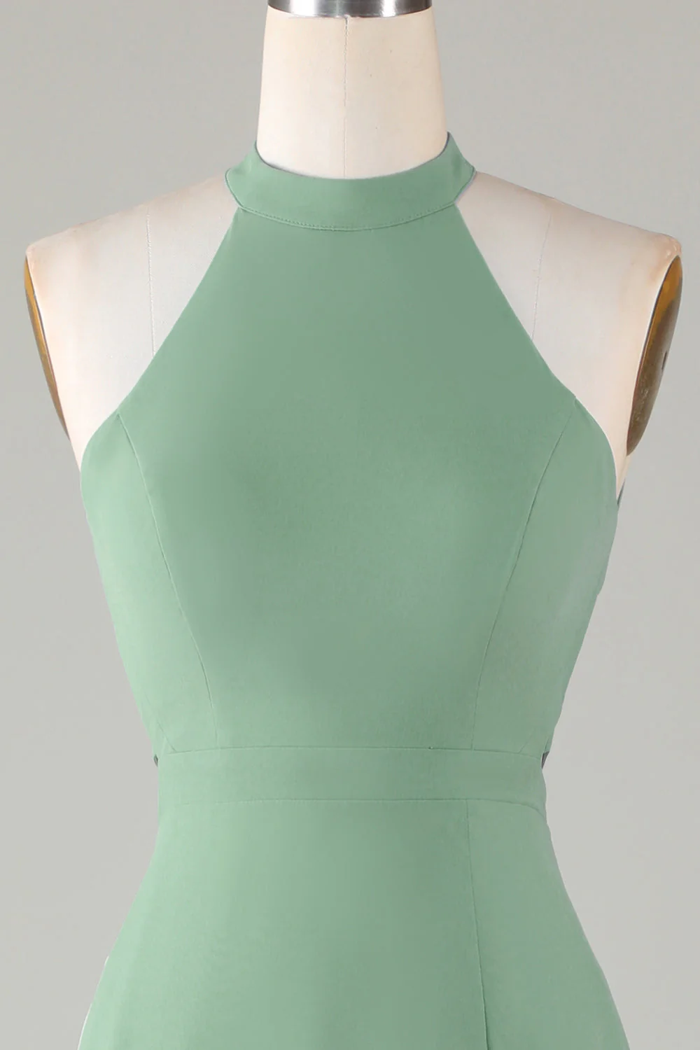 A-Line Halter Open Back Matcha Vestido de dama de honor con frente dividido - Imagen 4