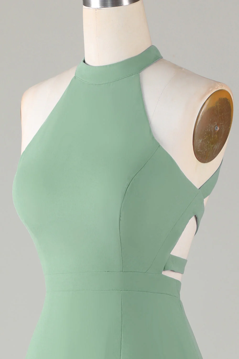 A-Line Halter Open Back Matcha Vestido de dama de honor con frente dividido - Imagen 6