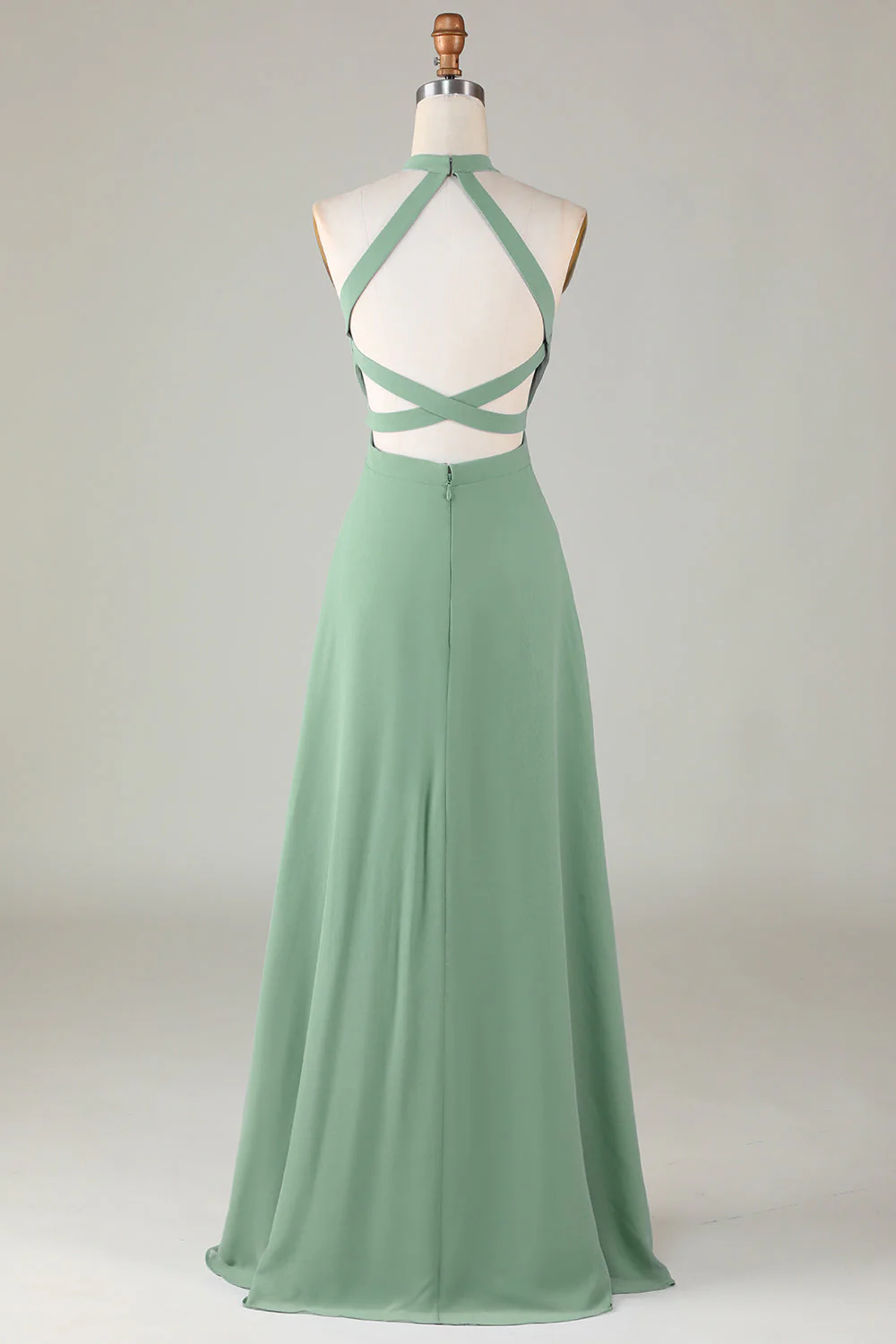 A-Line Halter Open Back Matcha Vestido de dama de honor con frente dividido - Imagen 2