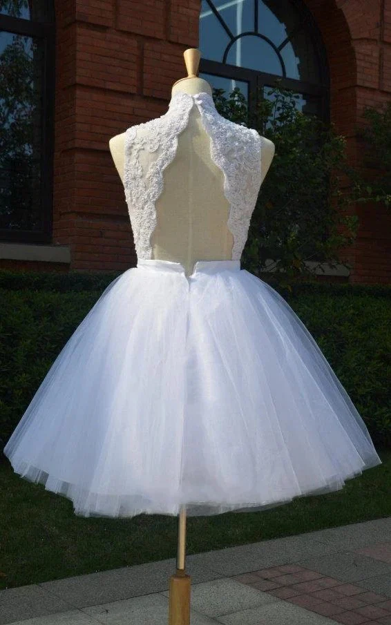 Vestido de novia de encaje hasta la rodilla Cuello alto Tul Abalorios - Imagen 3