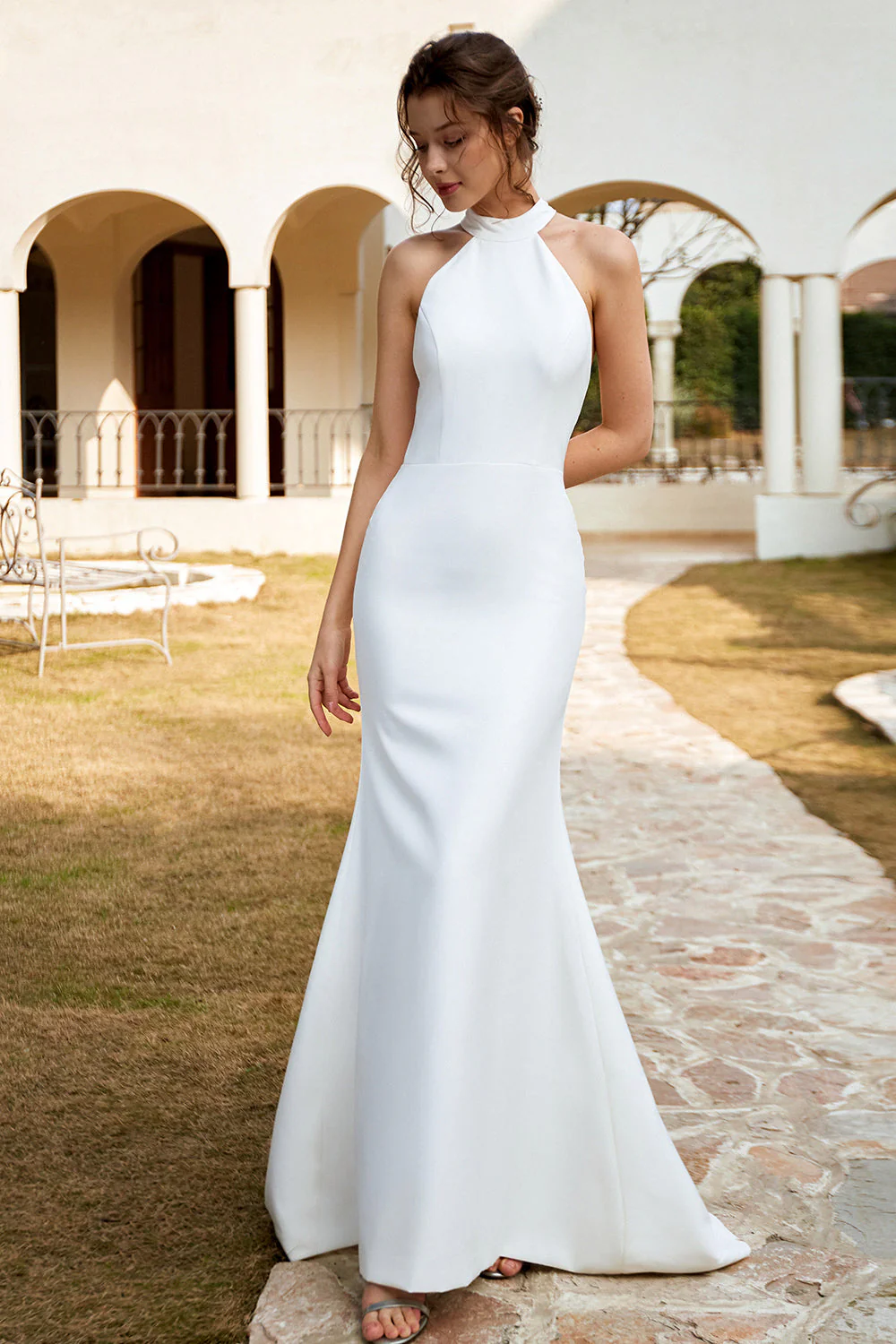 Blanco sirena halter vestidos de novia de espalda abierta - Imagen 7