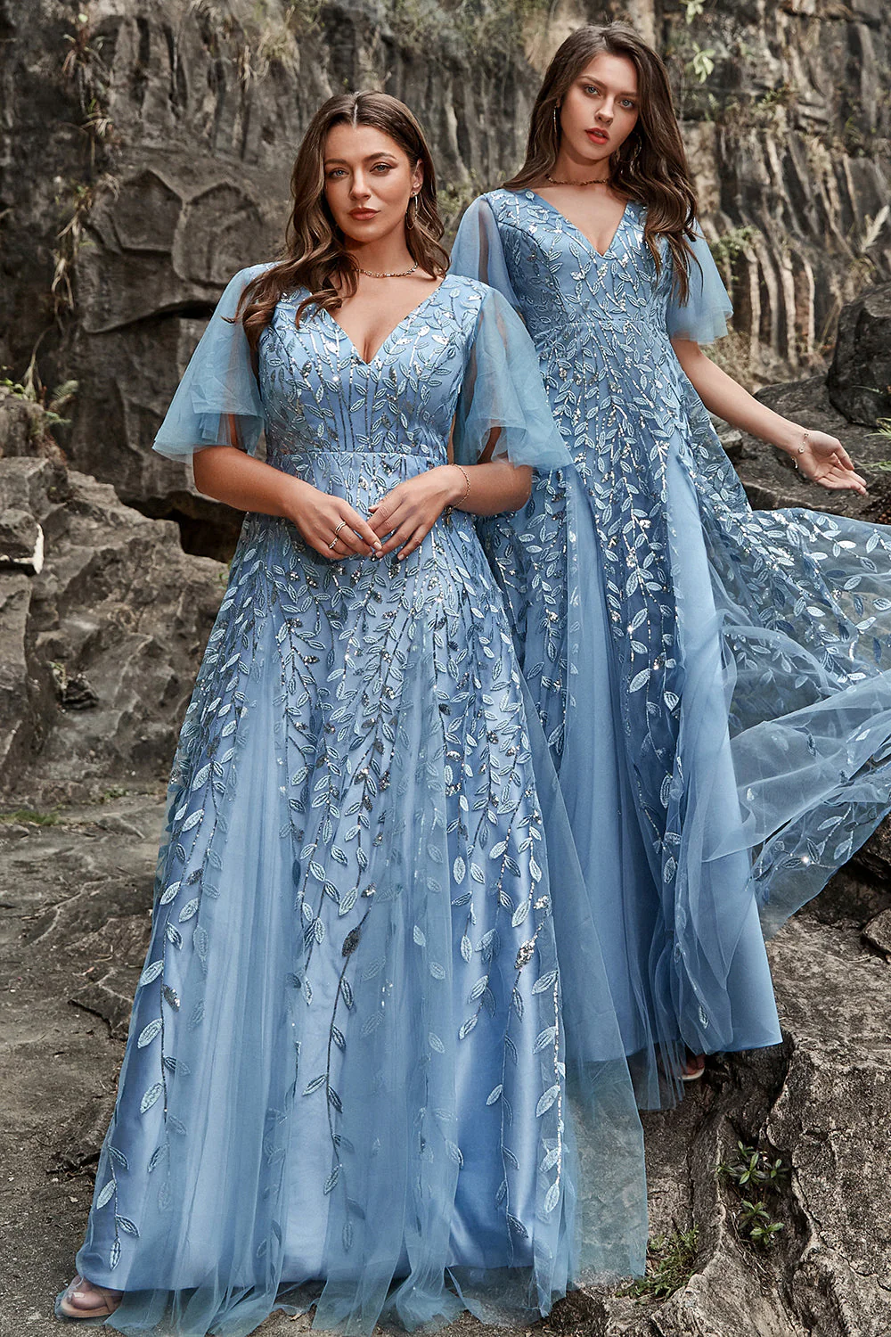 Un vestido de graduación de cuello gris azul grande de la línea V con apliques - Imagen 5